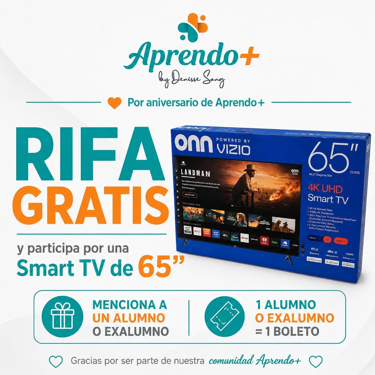 Rifa gratis de Smart TV de 65 pulgadas por aniversario de Aprendo+